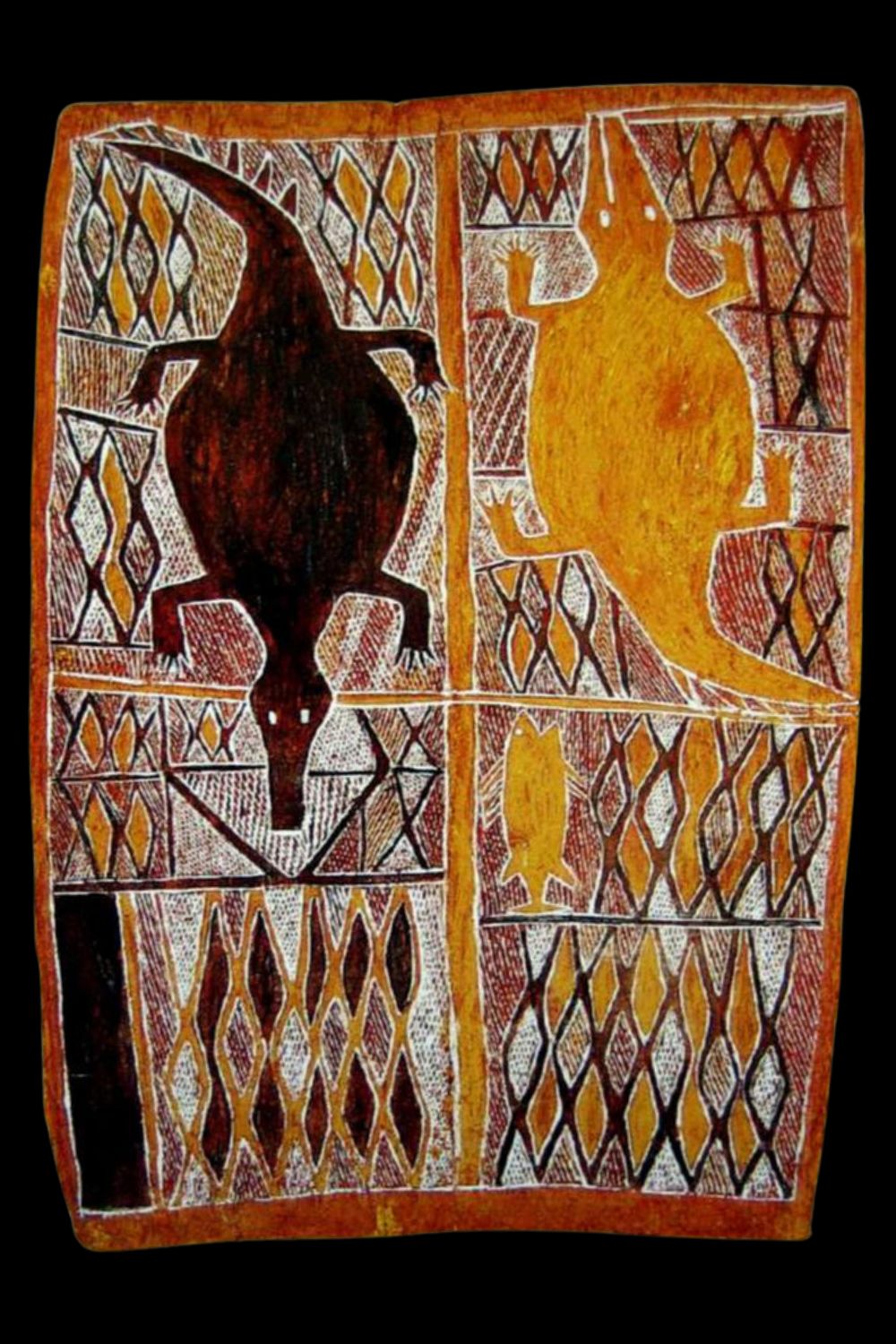 Munggurrawuy Yunupingu painting of baru the crocodile Aboriginal bark painting by Munggurrawuy Yunupingu of Baru the crocodile