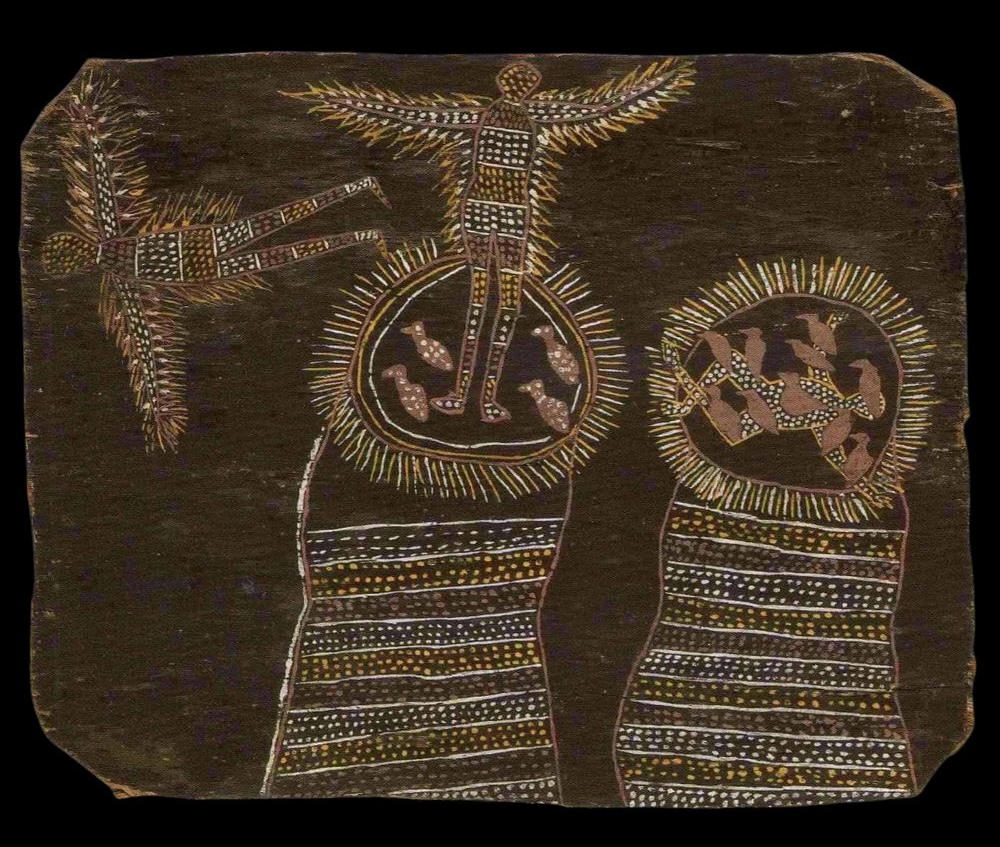 aboriginal bark painting depicting an aboriginal dream time story by Nandjiwarra Amagula 