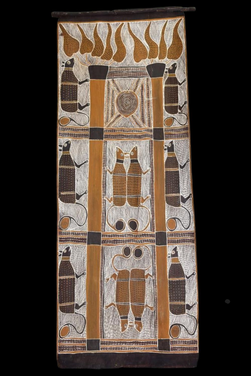 Aboriginal bark Painting by Narritjin Maymuru titled Possum story Climbing a Sacred Tree at Djarrakpi , c.19675