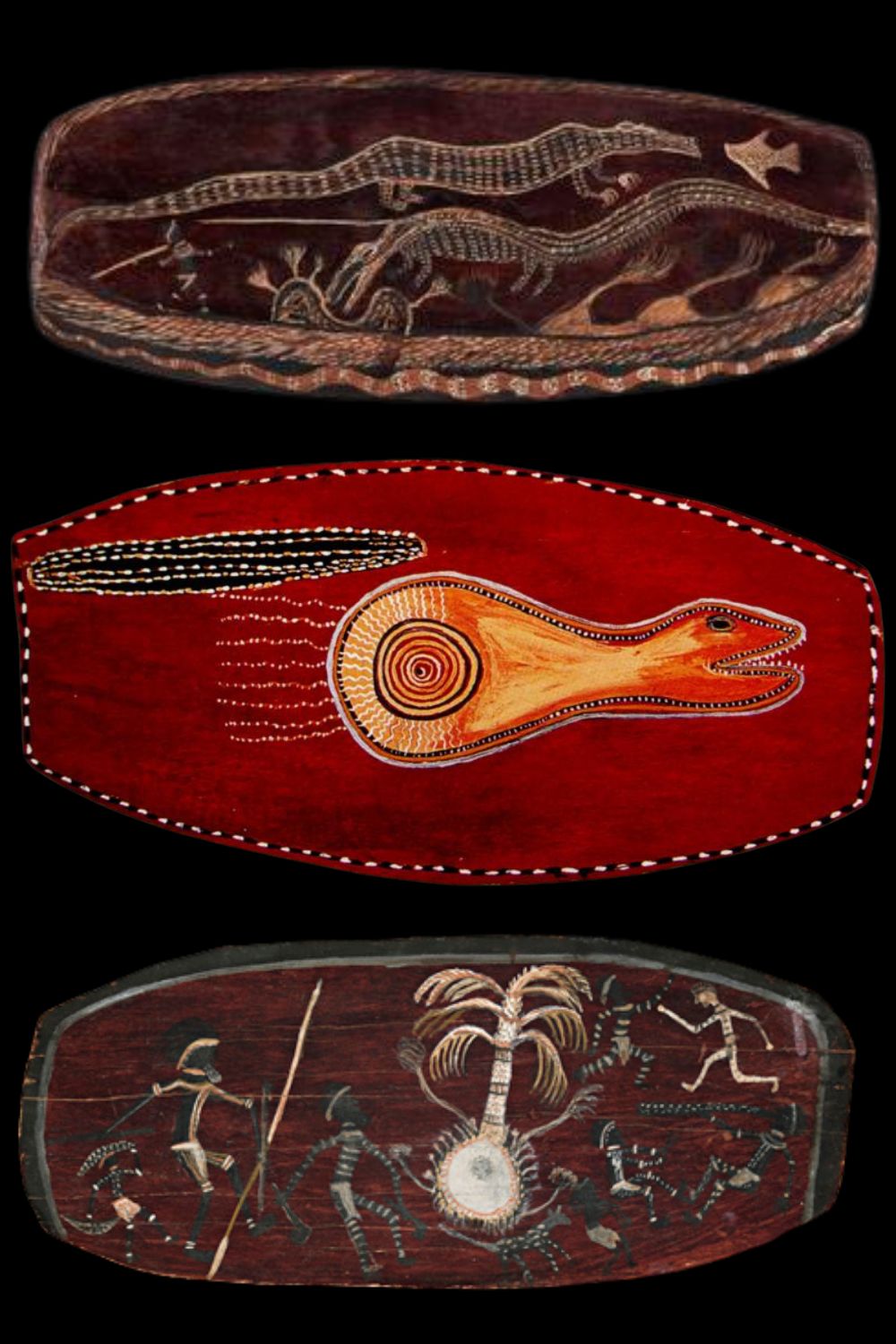 Three bark paintings by indji tharwal Three aboriginal bark paintings by indji tharwal