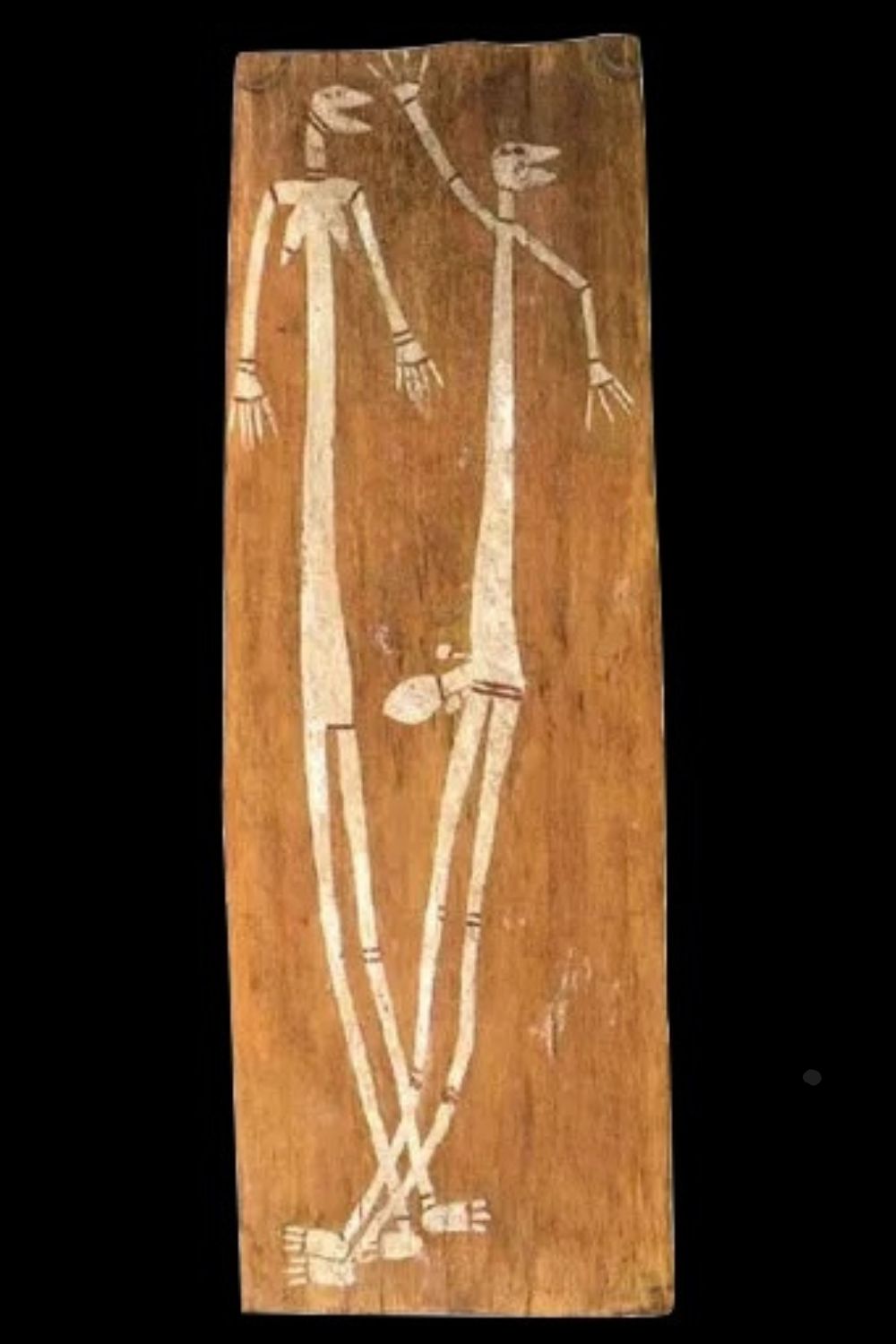 Aboriginal bark painting by January Nangunyari Namiridali depicting a male and female Mimih spirit waving