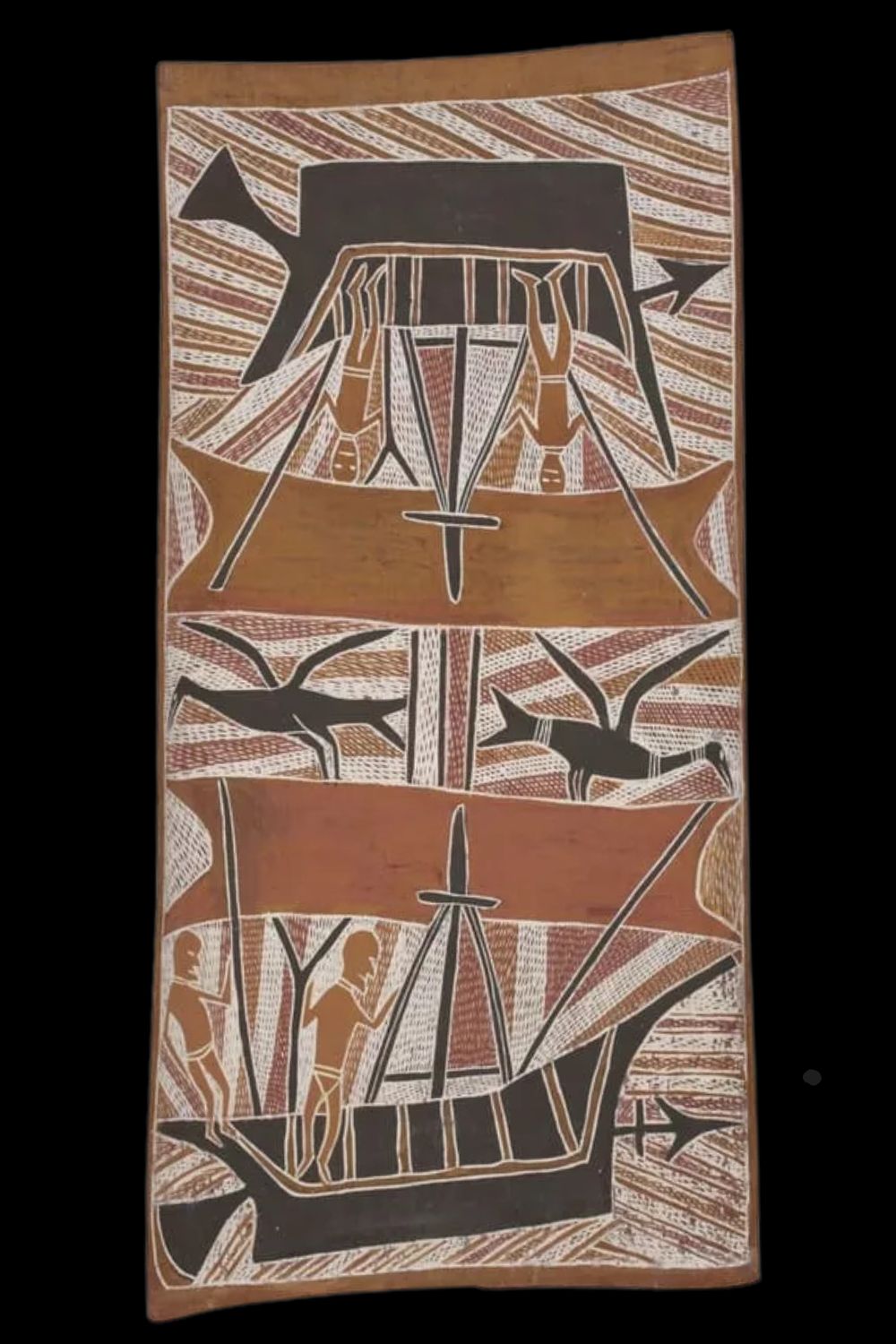 Aboriginal bark painting by Birrikidji Gumama of a maccasan Prau