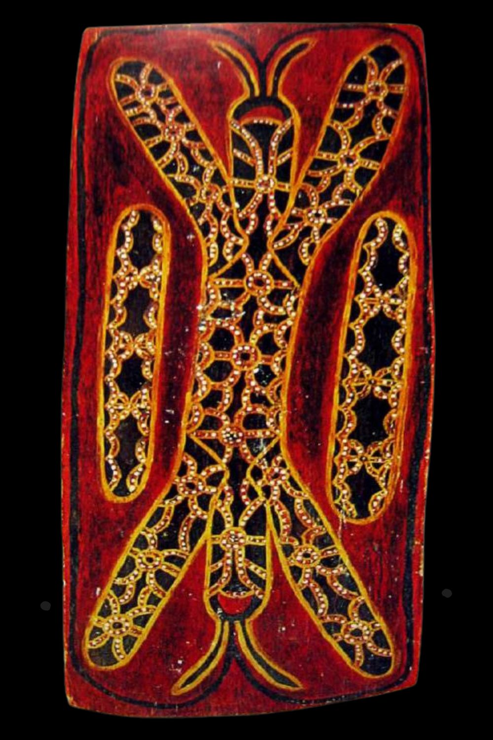 Charlie mardigan Bark painting combining churinga designs on the shape of an abstract butterfly