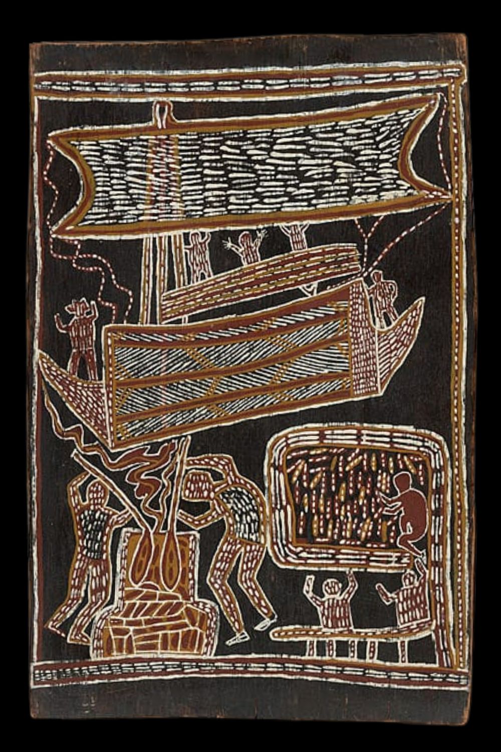 Nandabitta Maminyamandja aboriginal Bark Painting depicting a maccassan pray and aboriginal people cooking and drying seacucumbers for trade