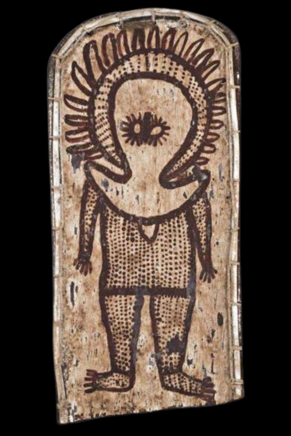 Waigin Djanhara painting on arch shaped bark Waigin Djanhara painting on arch shaped bark