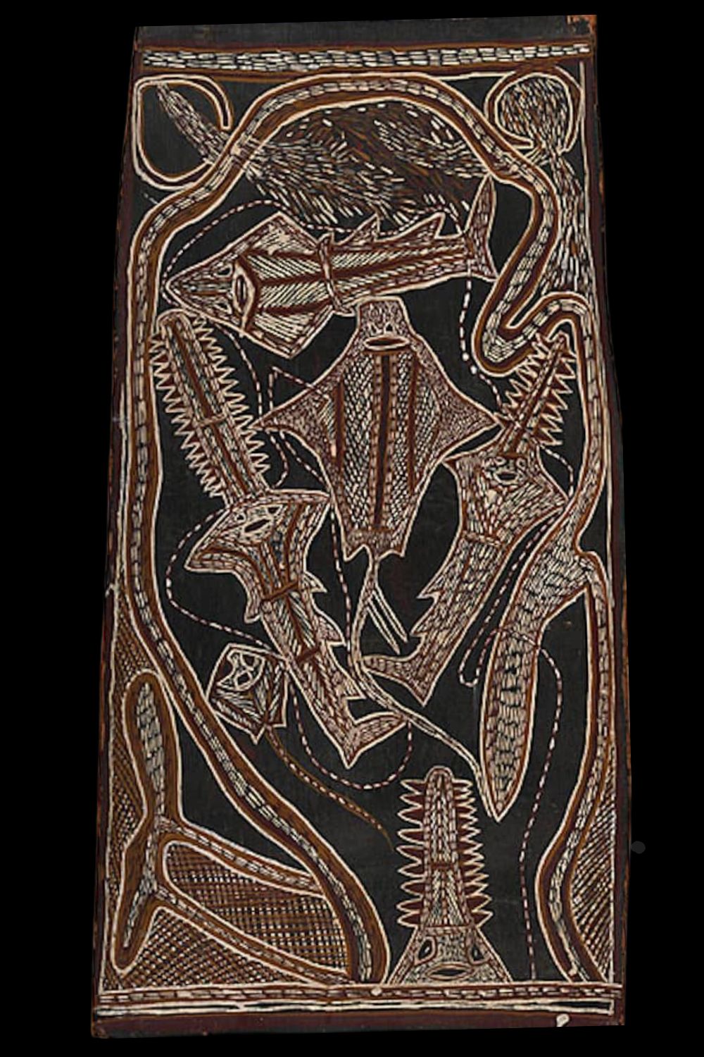 aboriginal bark painting by Nandabitta showing sawfish stingrays and sharks