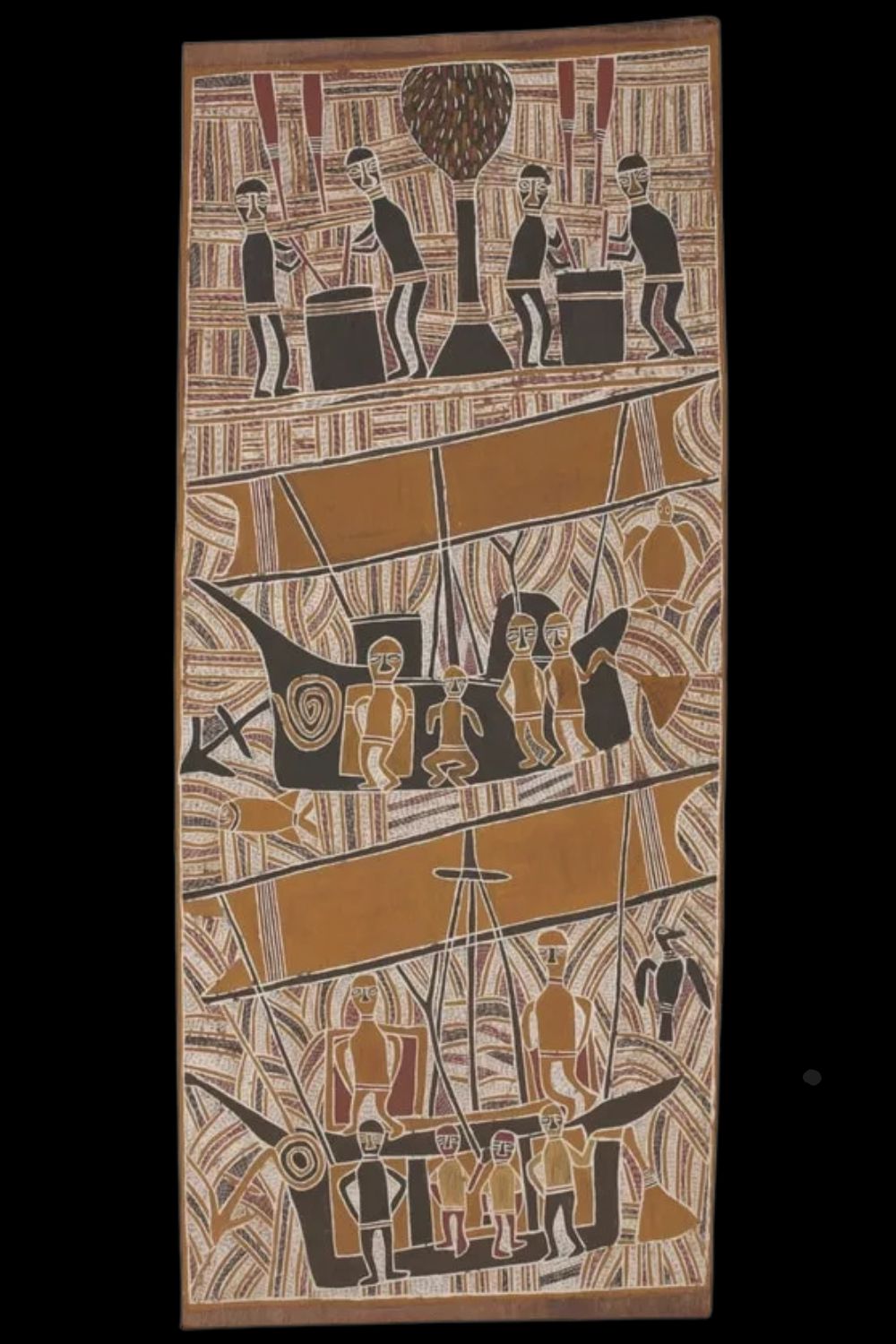 Aboriginal painting by mathaman Marika depicting Maccassan Prau and indigenous people preparing sea cucumber