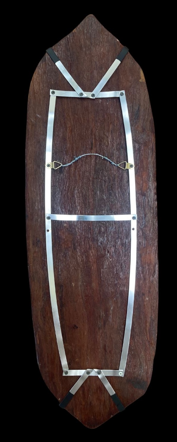 Reverse of Nym Bunduk bark painting showing custom made frame