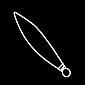 Traditional Aboriginal art symbol representing a woomera or spear thrower shown as a long pointed oval with a small attached projection.
