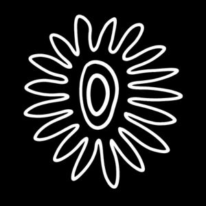 Aboriginal art symbol showing a central oval surrounded by radiating flame-like shapes representing a large bush fire.