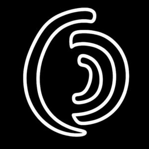 Traditional Aboriginal art symbol representing a person inside a humpy or shelter shown as enclosing curved forms around a seated figure.
