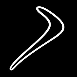 Traditional Aboriginal art symbol representing a fighting boomerang shown as a curved number 7-shaped weapon associated with combat and ceremonial conflict.