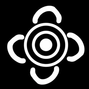 Traditional Aboriginal art symbol showing a group sitting around a meeting place or fire represented by four U-shaped figures surrounding concentric circles