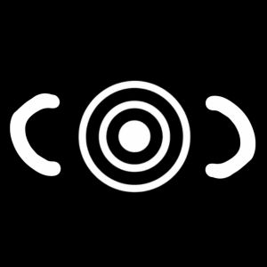 Traditional Aboriginal art symbol showing two people sitting at a fire represented by U-shapes facing a central concentric circle campsite symbol.