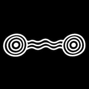Traditional Aboriginal art symbol showing two waterholes connected by running water represented by concentric circles joined with wavy parallel lines.