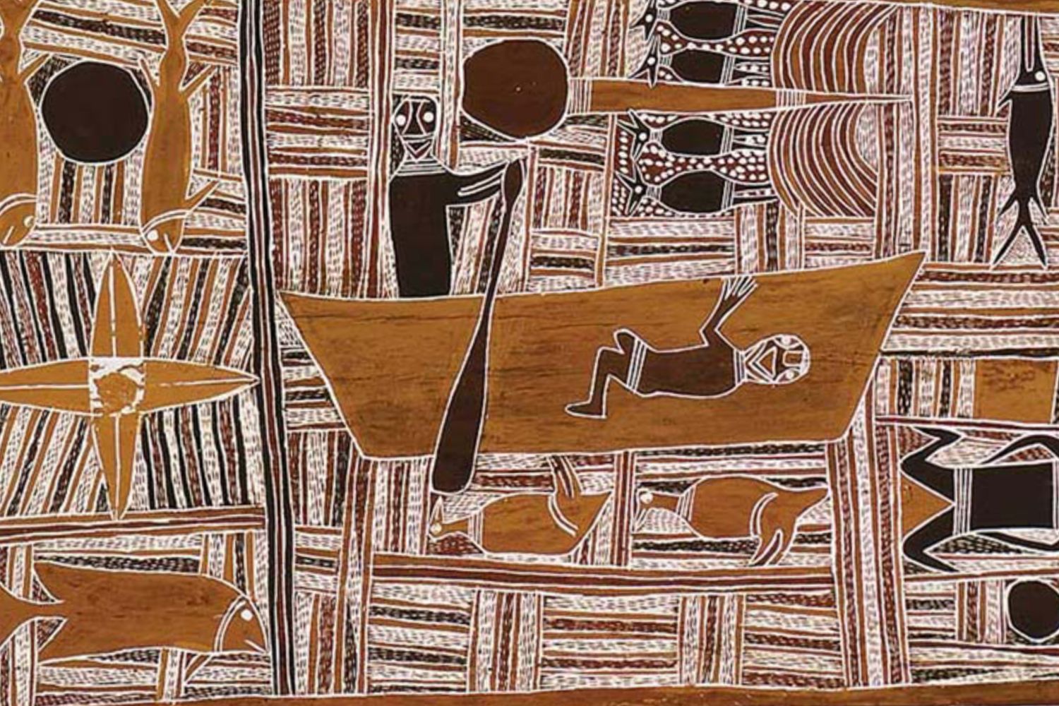 Aboriginal bark painting ofDjang’kawu ancestors Mawalan marika