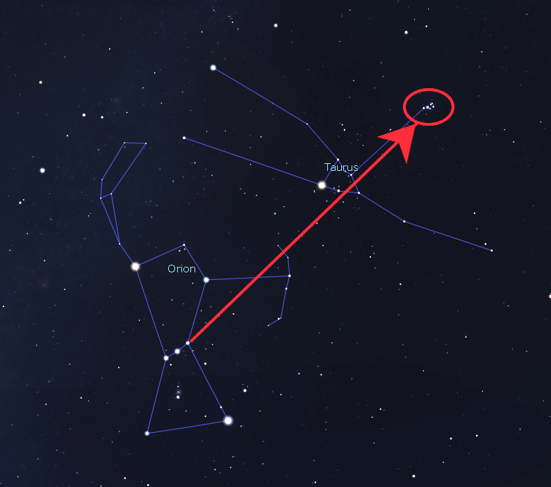Diagram of how to find the Seven Sisters in the night sky