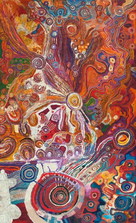 Aboriginal art by Freda Brady depicting the seven sisters dreaming or dream time story