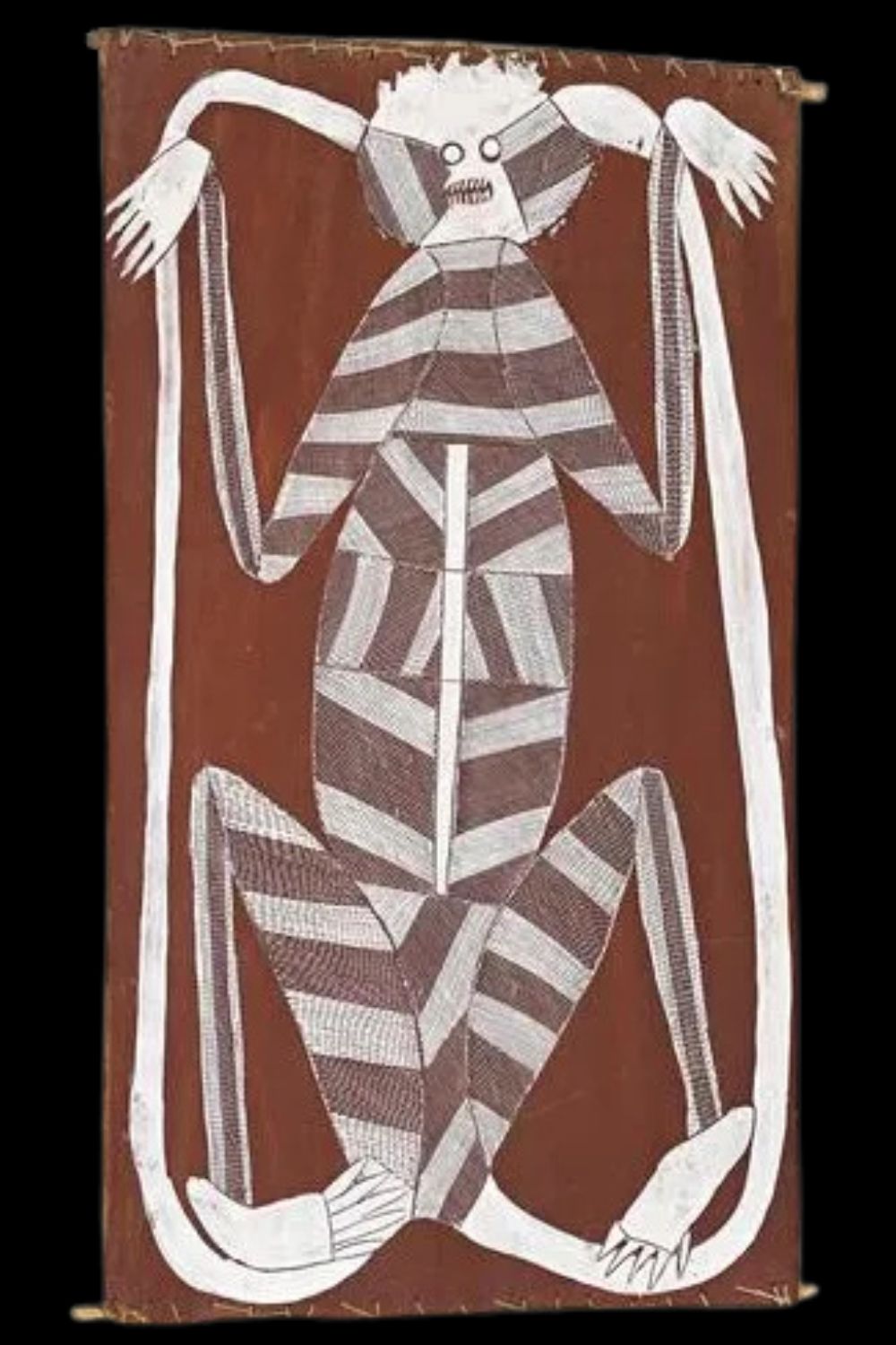 Namarrkon Lightning Spirit bark painting by John Mawurndjul featuring elongated ancestral figure and ceremonial rarrk crosshatching associated with storms and Mardayin traditions in western Arnhem Land.