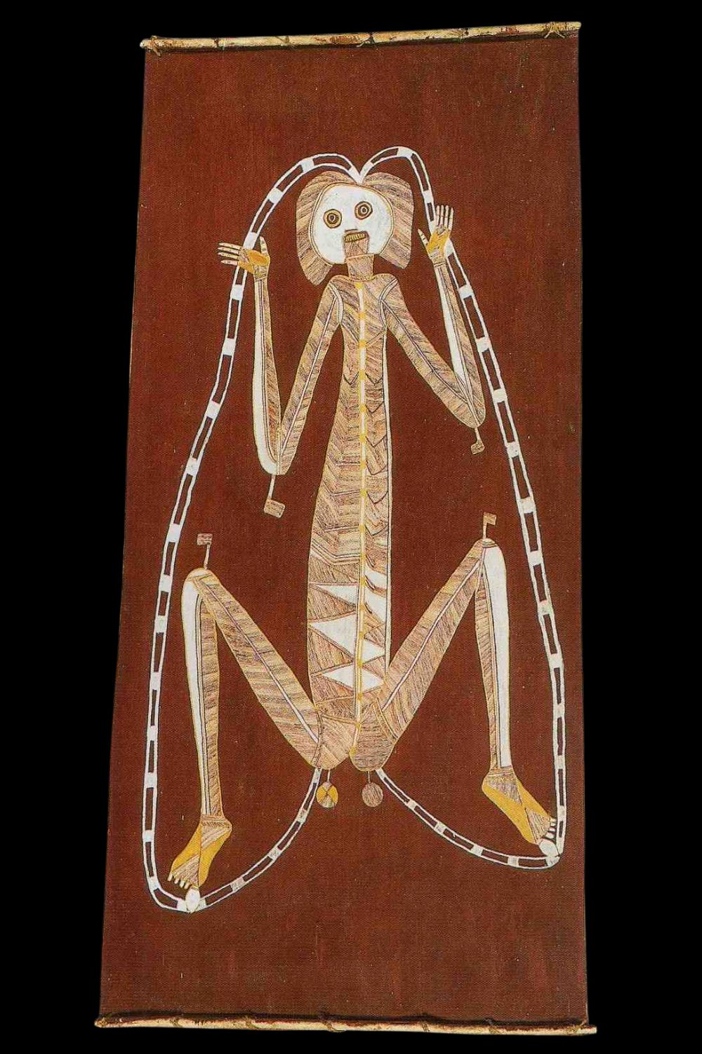 Aboriginal painting by Namarrkon Lofty Nadjamerrek of the lightning spirit namarrkon