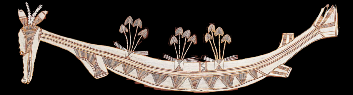 Minimalist Aboriginal bark painting by Lofty Nadjamerrek depicting the Rainbow Serpent with waterlilies, painted in natural ochres on eucalyptus bark in the Western Arnhem Land tradition.