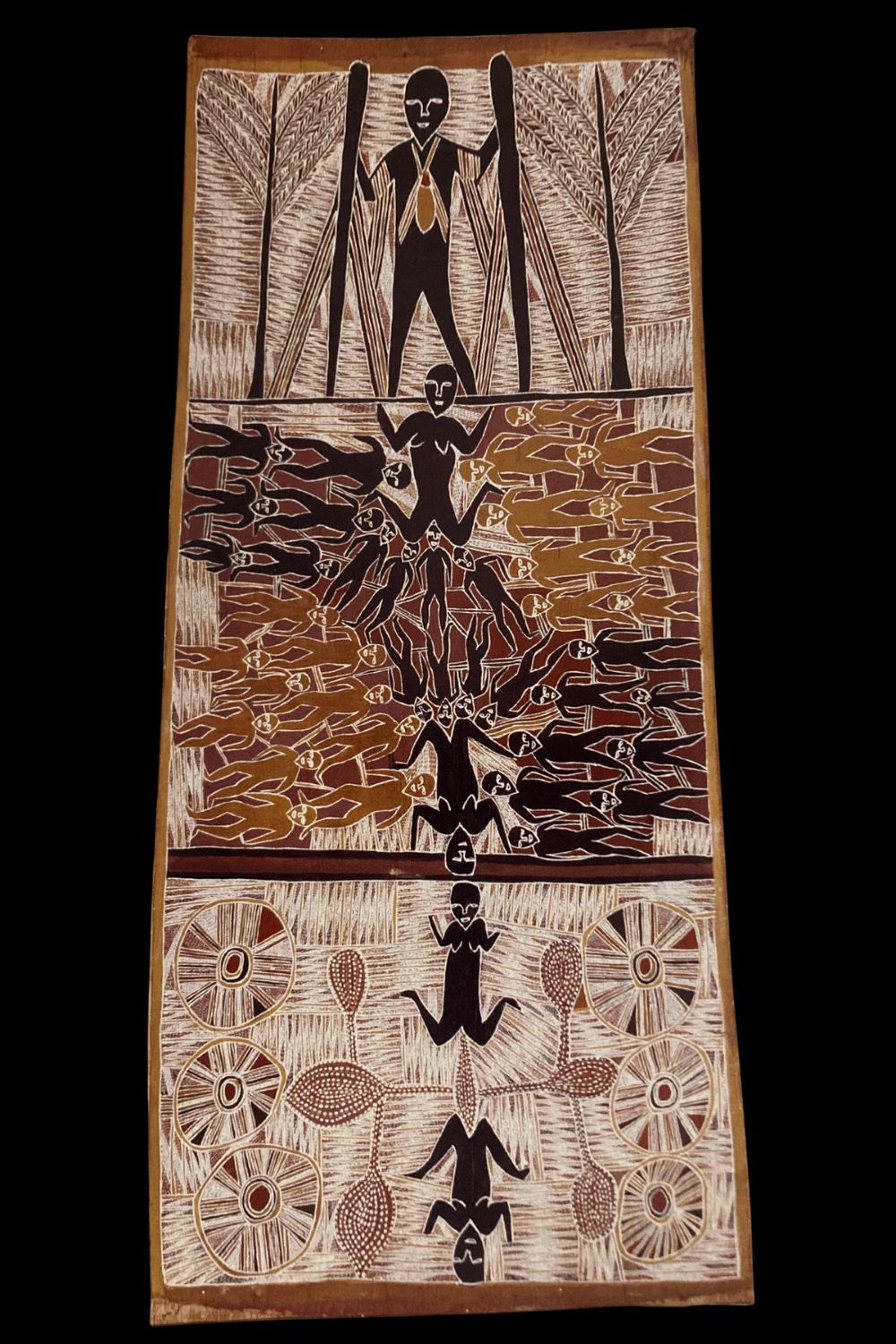 Wandjuk marika bark painting depicting the dreamtime story of the Birth of Djang'kawu the children of Yalangbara