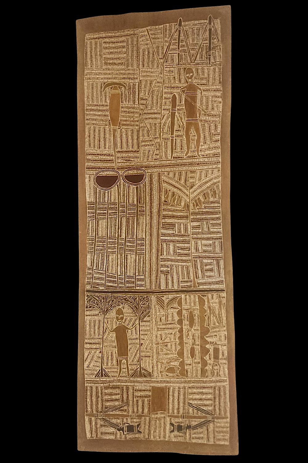 Aboriginal bark painting depicting Sisters of the sun Dreamtime story by Mawalan Marika