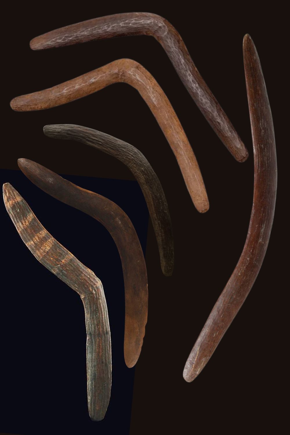 Plate showing six west australian Antique aboriginal boomerangs
