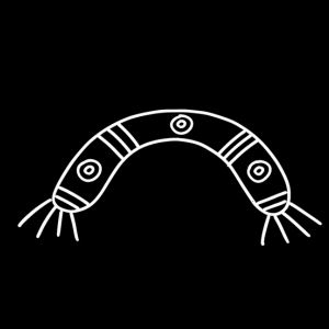 Aboriginal art symbol showing a curved ceremonial hair ornament with internal circles and projecting strands.