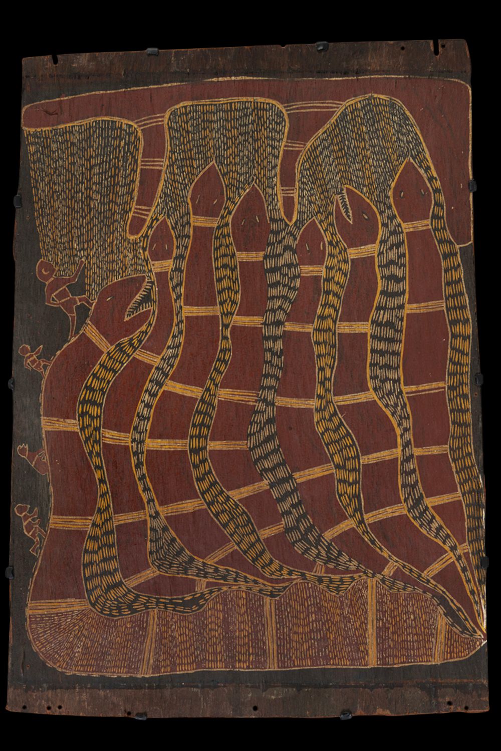 Aboriginal bark painting by Nandabitta Maminyamandja from Groote Eylandt depicting a rare local interpretation of the Rainbow Serpent, painted in natural ochres with elongated serpent forms associated with storm, swamp and ancestral water traditions.