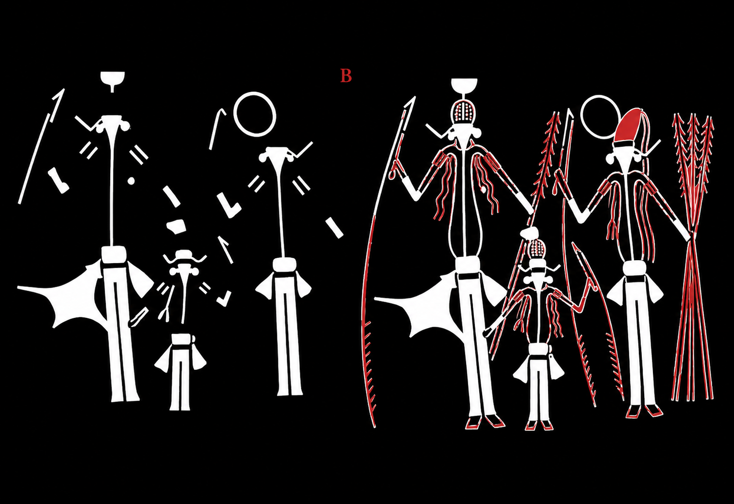 Illustration comparing Dalal Gwion figures with reconstructed ceremonial adornments in Kimberley Aboriginal rock art