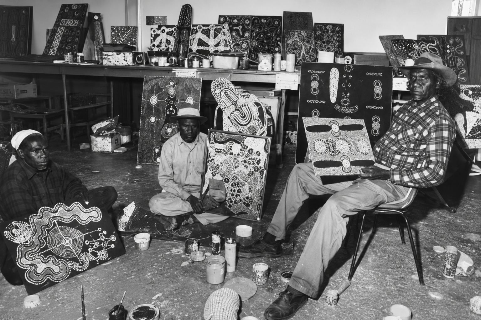 Historic black-and-white photograph of Aboriginal artists painting inside the Papunya men’s painting shed during the early Western Desert Art movement in 1972.
