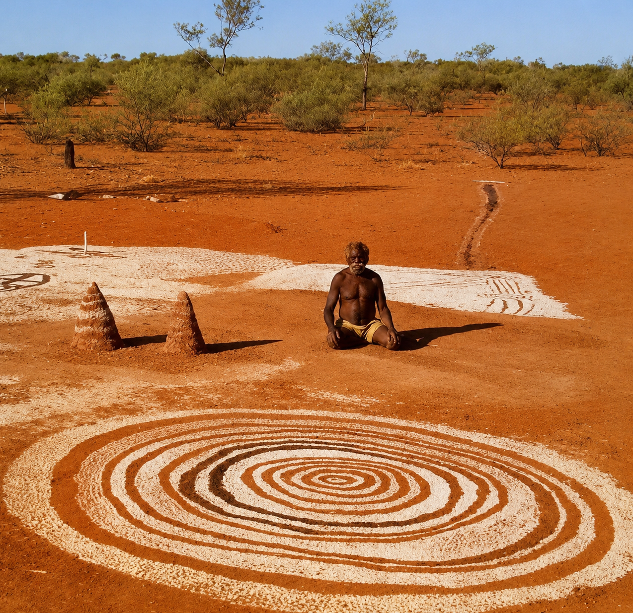 Kaapa Tjampitjinpa seated beside a ceremonial sand mosaic in the Central Australian desert, representing the origins of Papunya and Western Desert painting traditions.