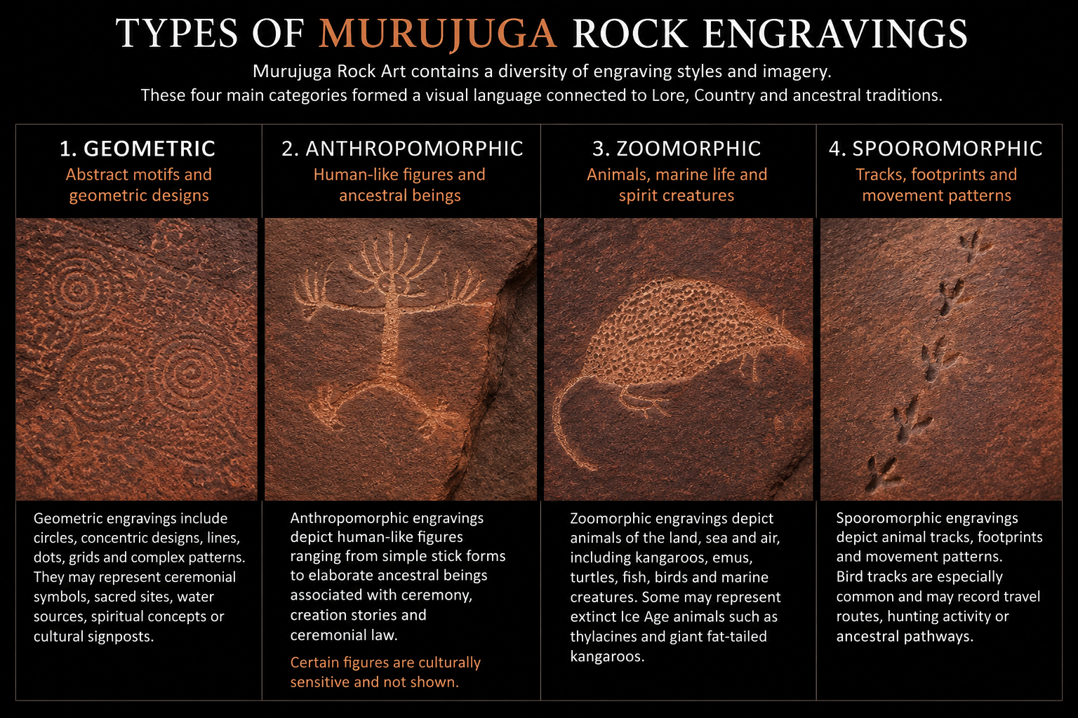 Infographic showing four major types of Murujuga rock engravings including geometric motifs, anthropomorphic figures, zoomorphic animals, and spooromorphic tracks from the Burrup Peninsula petroglyph tradition.