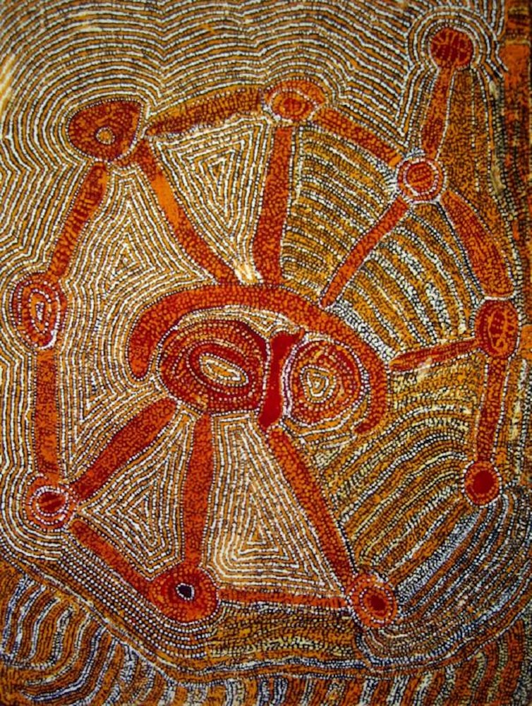 Balgo painting featuring concentric circles ceremonial pathways and Western Desert symbolism