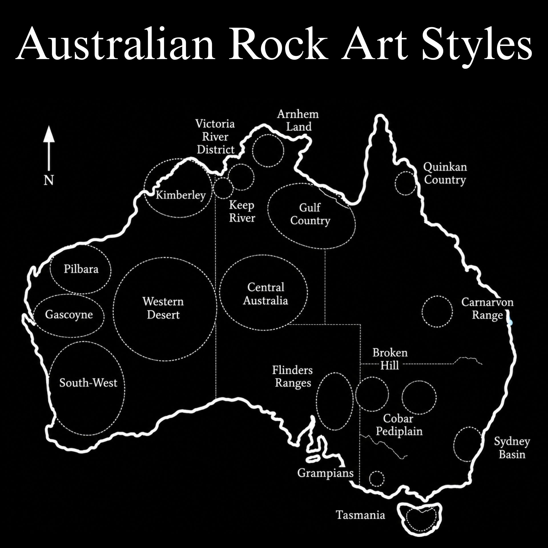 Map showing major Aboriginal art regions across Australia including Arnhem Land, Kimberley, Western Desert, Gulf Country, Tiwi-related northern regions, and Quinkan Country.