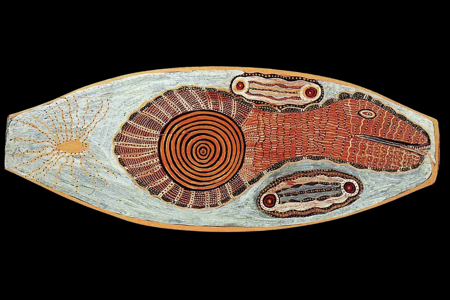 Port Keats bark painting by Bobyin Nonghah depicting the Rainbow Serpent Kunmanggur in natural ochres on elongated eucalyptus bark