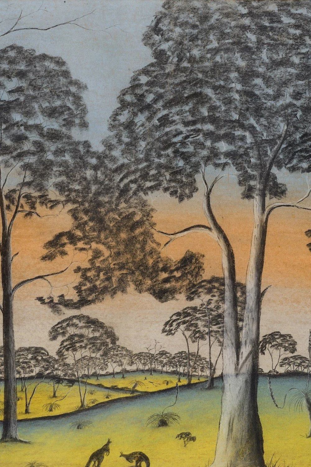 Carrolup Aboriginal artwork depicting silhouetted trees against a glowing sunset sky in south-west Western Australia
