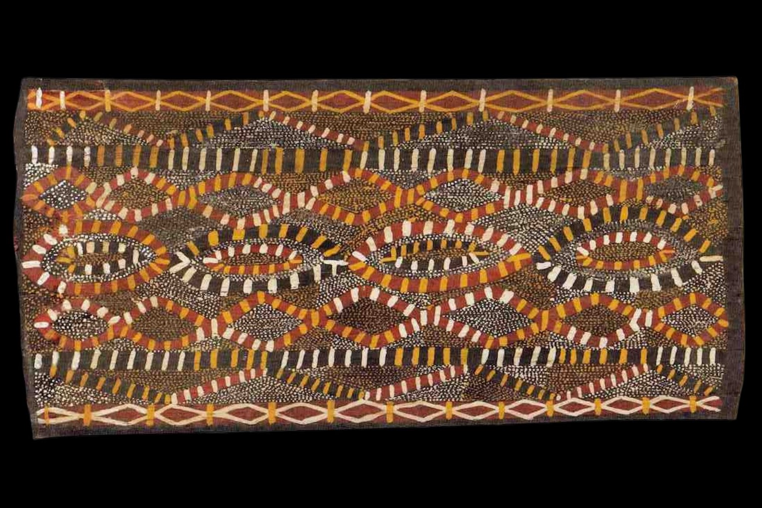 Traditional Tiwi bark painting with geometric ceremonial designs compared with Papunya and Western Desert Aboriginal art styles