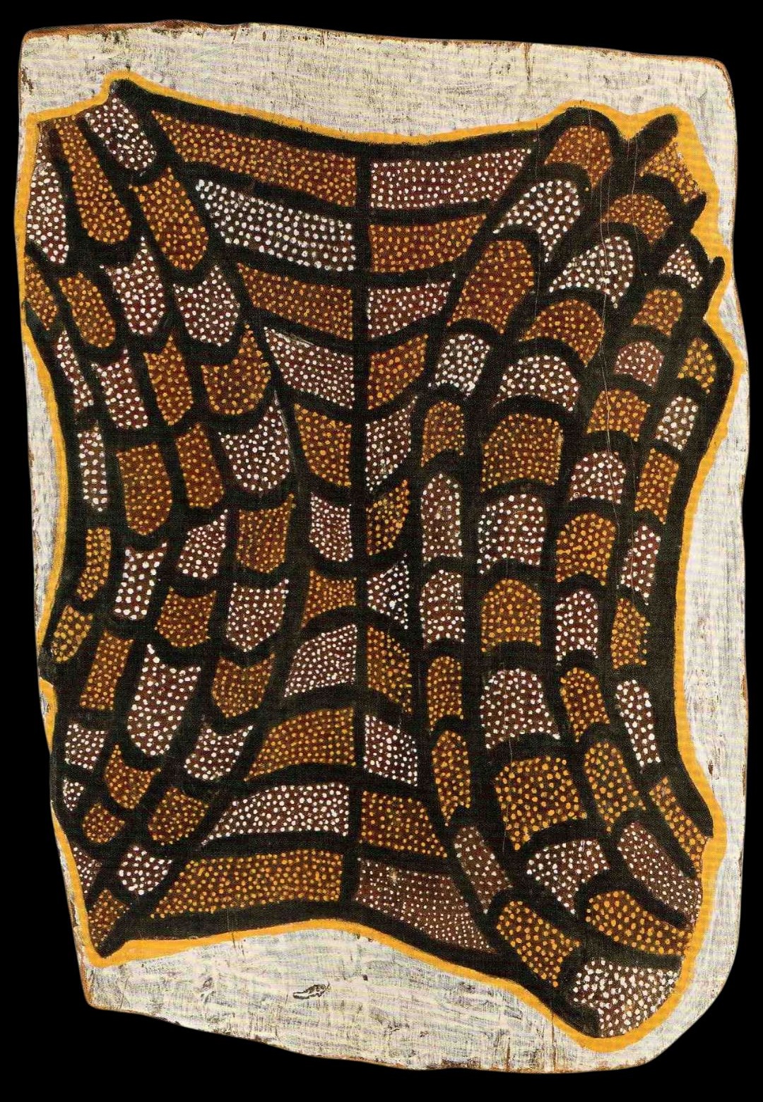 Early Tiwi bark painting featuring geometric jilamara designs in ochre and white stippling on eucalyptus bark from the Tiwi Islands by Alie Miller Mungatopi