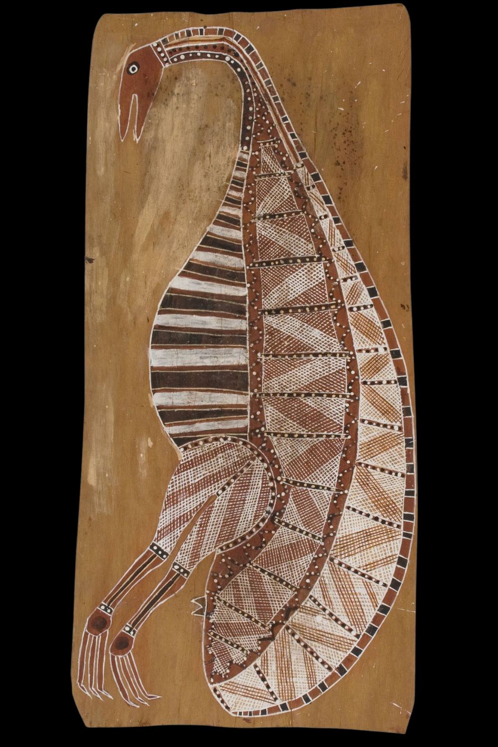 Emu "Ngurrurdu"in aboriginal art by Yirawala Aboriginal bark painting of an emu in Arnhem Land style painted with natural ochres and ceremonial clan designs