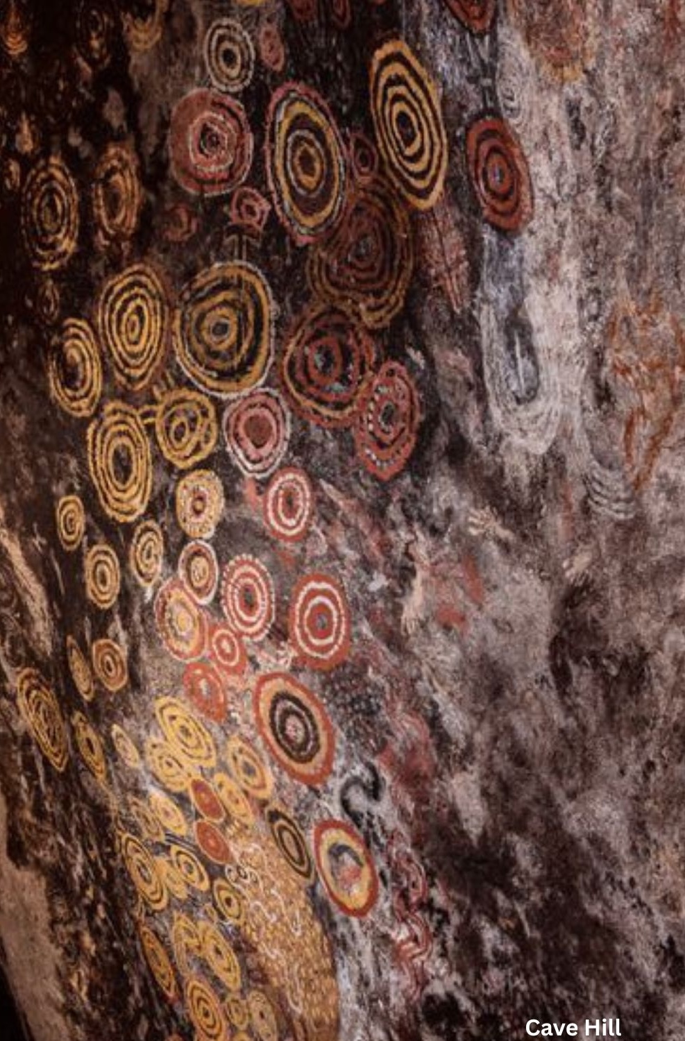 Ancient Aboriginal rock art at Cave Hill in the APY Lands showing dense concentric circle motifs painted in red, yellow, white, and black ochres across a sandstone shelter wall. The ceremonial symbols are associated with Central Desert Dreaming traditions and ancient symbolic systems later seen in Western Desert Art.
