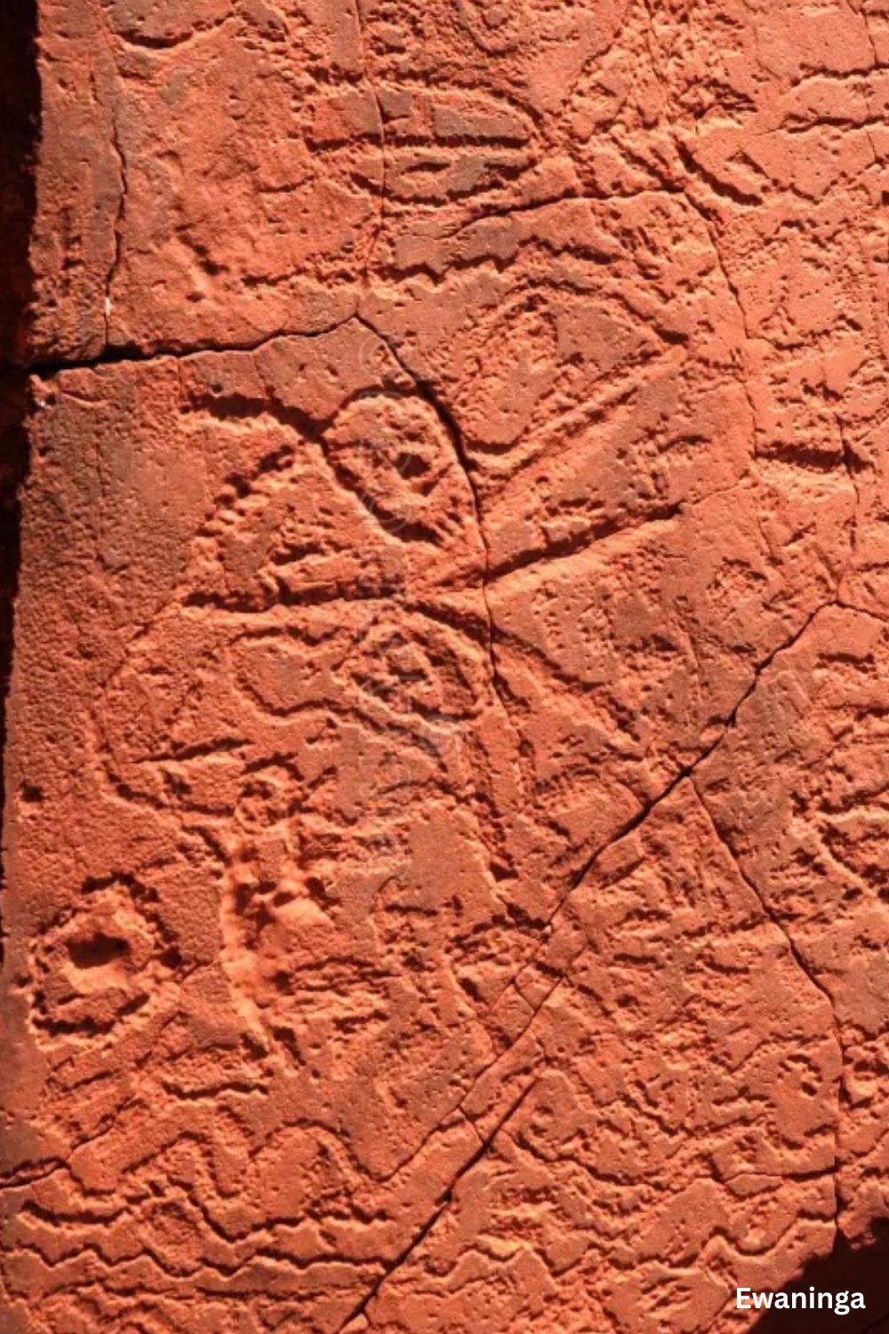 Ancient Aboriginal petroglyphs at Ewaninga in Central Australia showing engraved tracks, circles, and geometric ceremonial motifs carved into red sandstone.