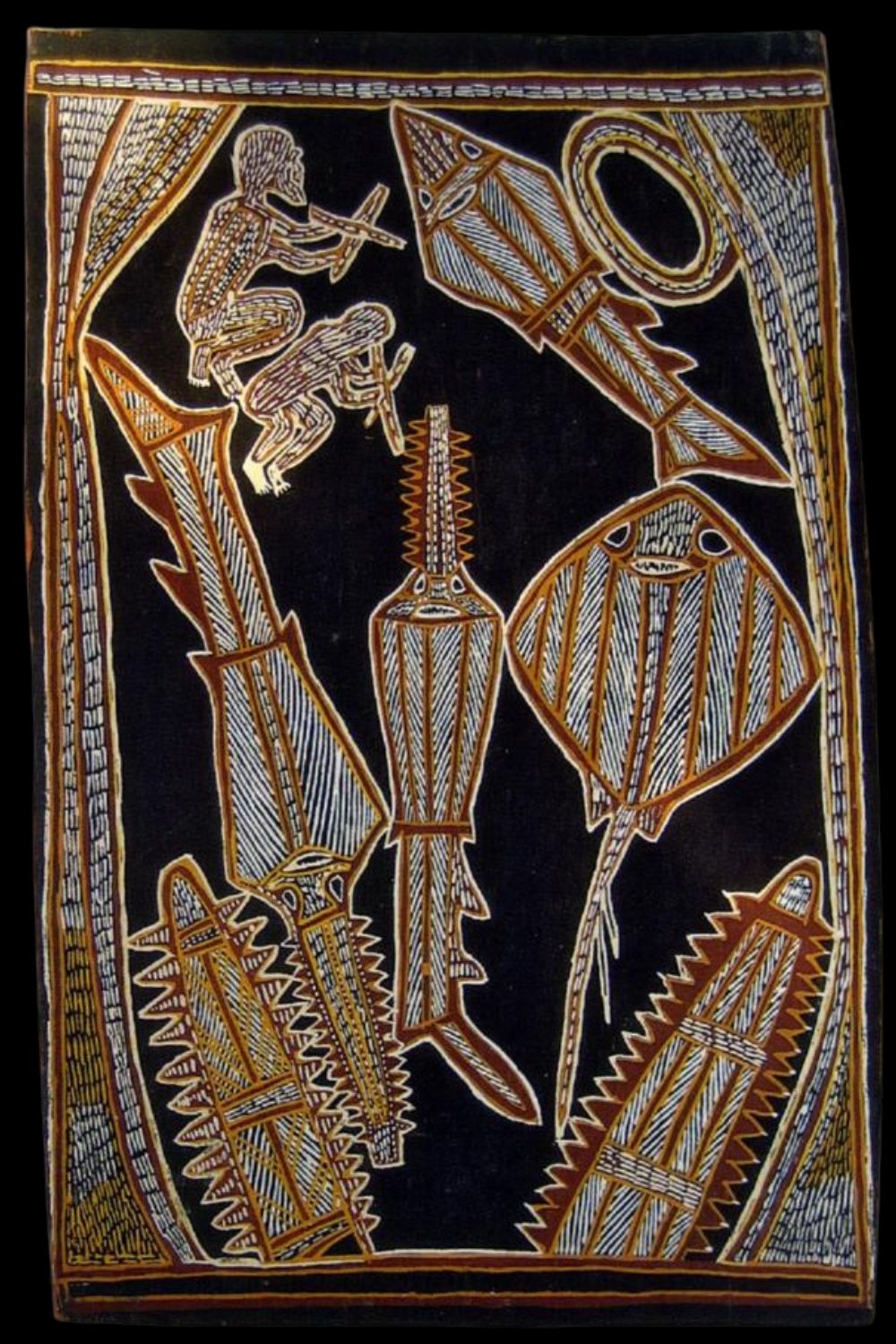 Groote Eylandt Aboriginal bark painting depicting ancestral sawfish manta ray and shovel-nosed shark associated with the Three Alawudawarra creation story