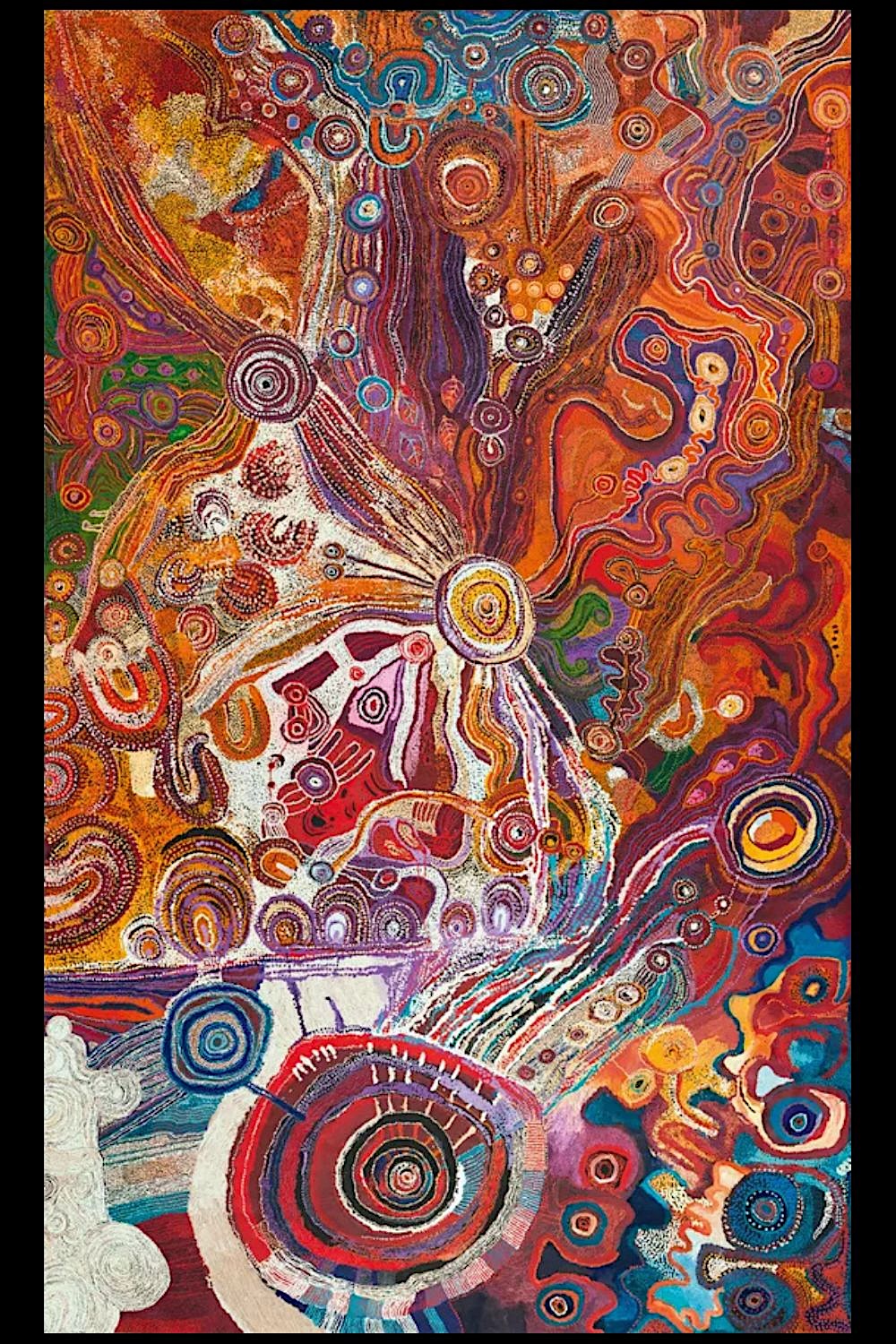 Large-scale APY Lands painting inspired by the Seven Sisters Dreaming featuring vibrant colours, flowing songlines, sacred sites, and contemporary Anangu artistic expression.