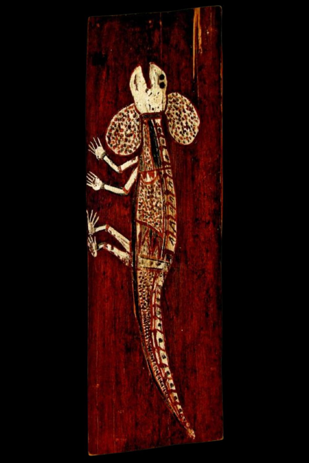 Aboriginal bark painting of a frill-necked lizard (Ga:ni) by Namatbara from Arnhem Land
