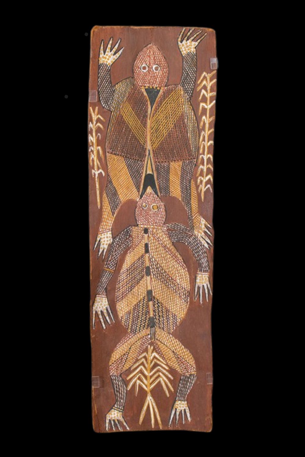 Aboriginal bark painting of frogs associated with the Wagilag Sisters by Peter Marralwanga from Arnhem Land