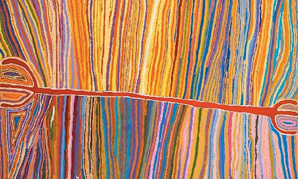 Colourful Warlpiri painting by Judy Watson Napangardi featuring flowing vertical lines and symbolic forms representing the Wititji Hairstring Dreaming.