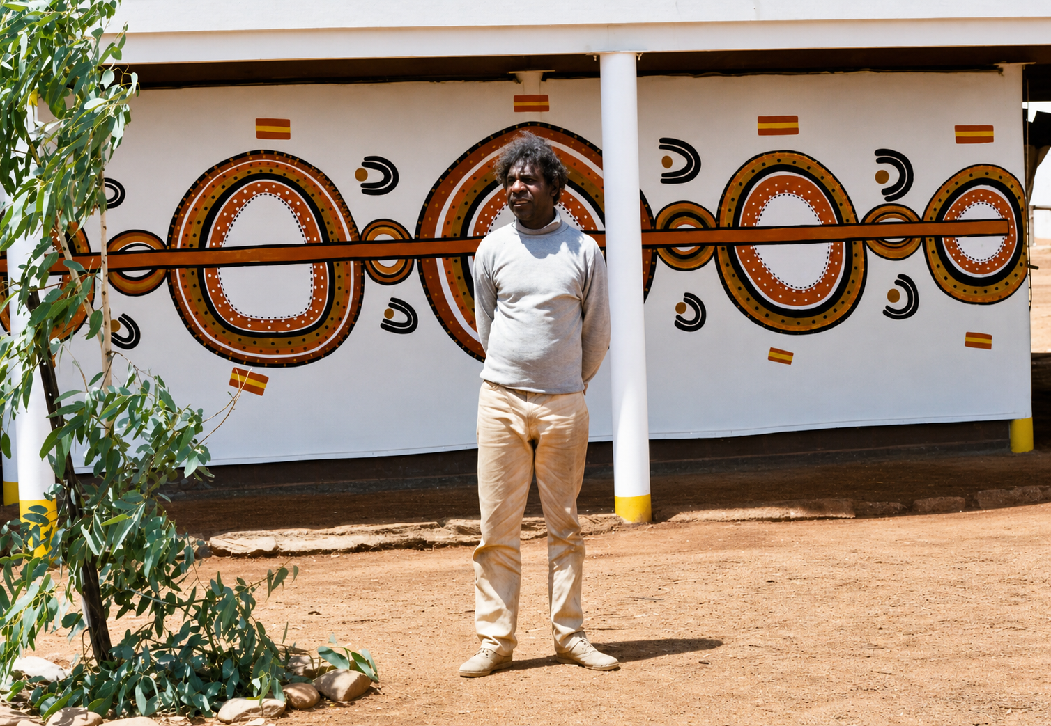 Aboriginal artist kappa mbitjana standing in front of Honey Ant Dreaming mural at Papunya in Central Australia