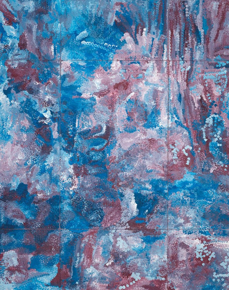 Emily Kame Kngwarreye Earth's Creation II painting with vibrant blue, pink and purple abstract fields representing ancestral Country